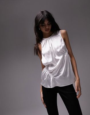 Topshop raw edge ruched top in ivory-White