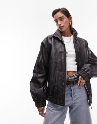 Topshop real leather washed 80s seam bomber jacket in washed black
