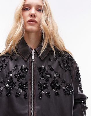 Topshop real leather washed bomber jacket with embellishment in brown