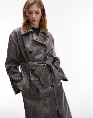 Topshop real leather washed effect trench coat in gray