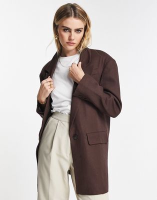 Topshop relaxed oversized single breasted blazer in chocolate brown