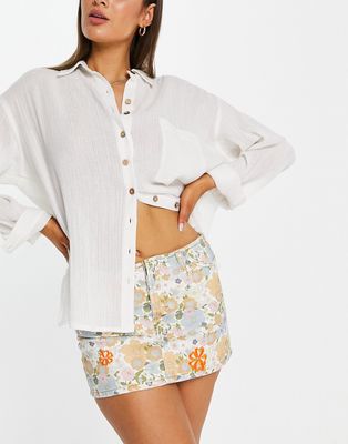 Topshop retro floral embroidered cotton blend denim skirt in multi - MULTI