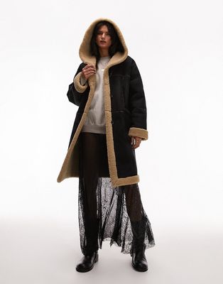 Topshop reversible faux suede shearling hooded longline car coat with chocolate borg lining in black