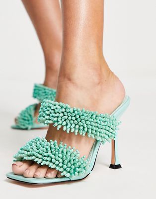 Topshop Rex beaded heeled sandal in turquoise-Blue