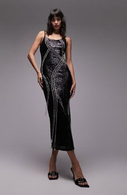 Topshop Rhinestone Embellished Sequin Midi Dress in Black