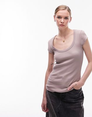 Topshop ribbed scoop neck cap sleeve top in washed rose-Gray