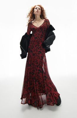 Topshop Rose Print Long Sleeve Maxi Dress in Red