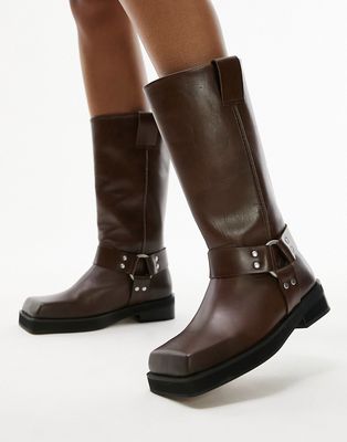 Topshop Ruby premium leather biker boots in brown