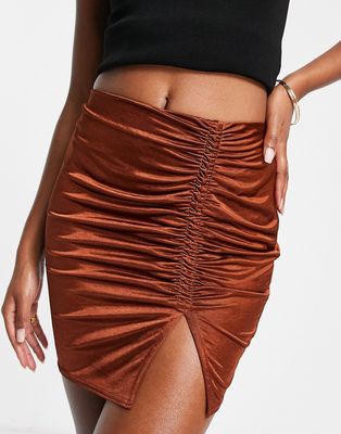 Topshop ruched channel slinky mini skirt in chocolate-Brown