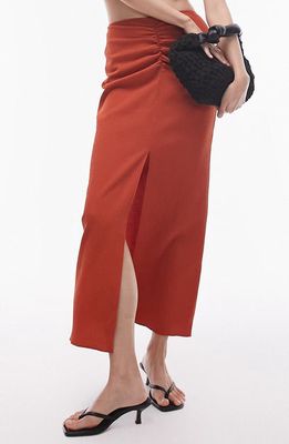Topshop Ruched Midi Skirt in Rust