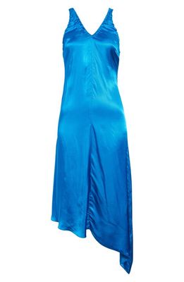 Topshop Ruched Neck Asymmetric Hem Satin Midi Dress in Medium Blue