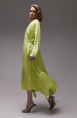 Topshop Ruched Oversize Long Sleeve Satin Maxi Dress in Light Green