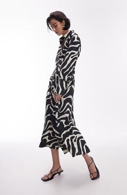 Topshop Ruched Side Long Sleeve Midi Shirtdress in Black/White at Nordstrom, Size 2 Us