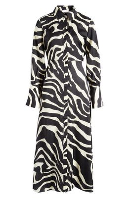 Topshop Ruched Side Long Sleeve Midi Shirtdress in Black/White