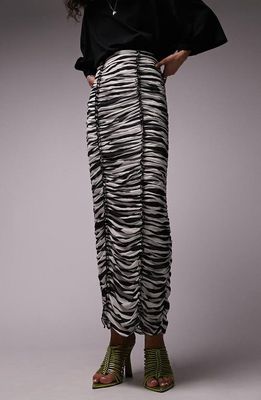 Topshop Ruched Zebra Print Maxi Skirt in Black