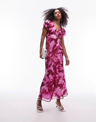 Topshop ruffle v neck occasion midi dress in pink floral print-Multi