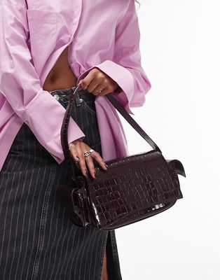 Topshop Salone faux croc multi pocket shoulder bag in burgundy-Red