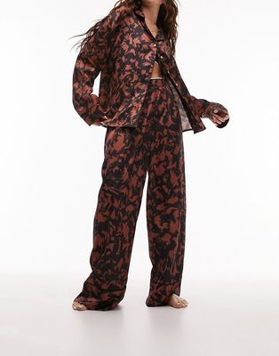 Topshop satin abstract print piped shirt and pants pajama set in chocolate-Brown