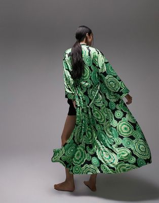 Topshop satin bloom print robe in green