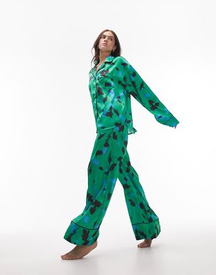 Topshop satin blurred floral print piped shirt and pants pajama set in green