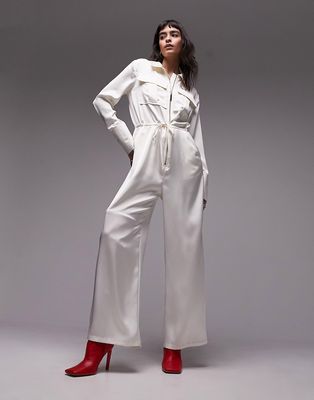Topshop satin cargo jumpsuit in ivory-White