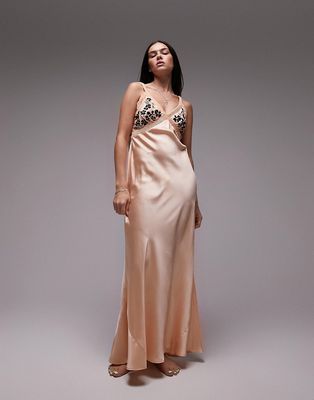Topshop satin embroidered maxi slip dress in pink