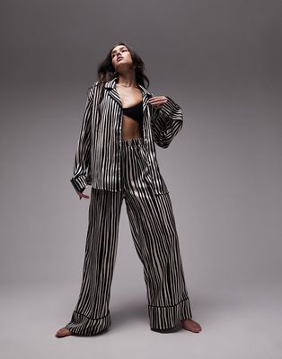 Topshop satin stripe print piped shirt and pants pajama set in monochrome-Black