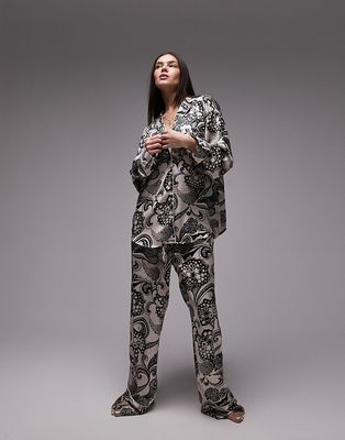 Topshop satin swirl print piped shirt and pants pajama set in monochrome-Multi
