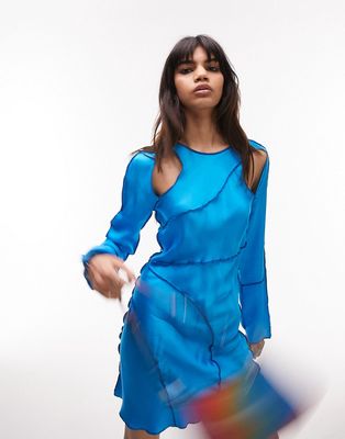 Topshop seamed long sleeve mini dress in cobalt-Blue