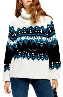 Topshop Sequin Oversize Fair Isle Sweater in Ivory Multi
