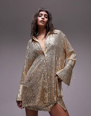 Topshop sequin oversized shirt in champagne - part of a set-Neutral