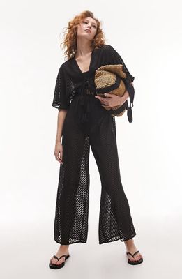 Topshop Sheer Chevron Wide Leg Cover Up Jumpsuit in Black