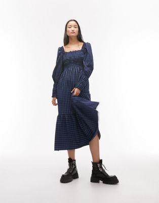 Topshop shirred bust textured check midi dress in blue