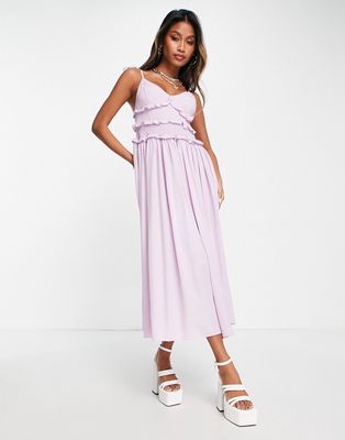 Topshop shirred ruffle slip midi dress in lilac-Pink