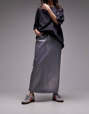 Topshop silver foil denim midi skirt in gray