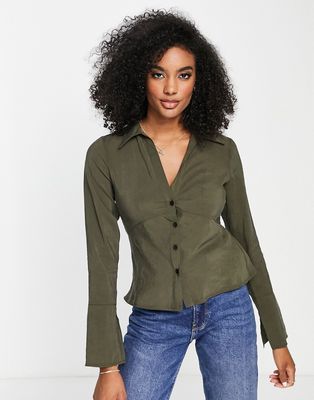 Topshop slim fit open collar shirt in khaki-Green