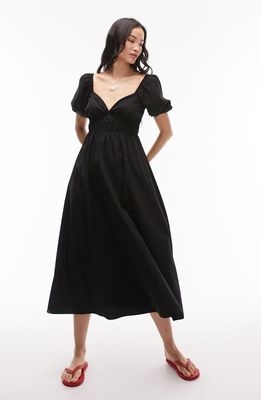 Topshop Smocked Puff Sleeve Poplin Maxi Dress in Black
