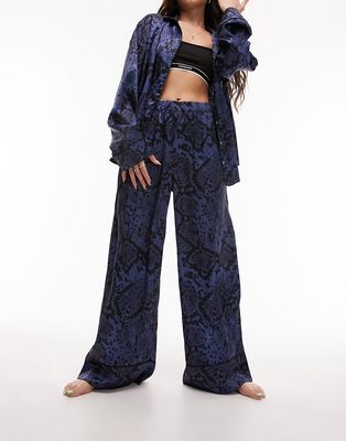 Topshop snake print satin piped shirt and pants pajama set in navy-Blue