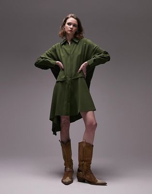 Topshop snap detail mini shirt dress in khaki-Green