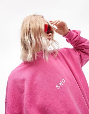 Topshop Sno embroidered logo vintage wash sweatshirt in pink - part of a set