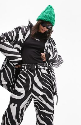 Topshop Sno Faux Fur Trim Belted Ski Coat in Black Multi