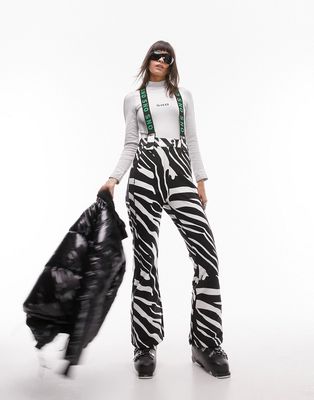 Topshop Sno flared ski pants with suspenders in zebra print-White