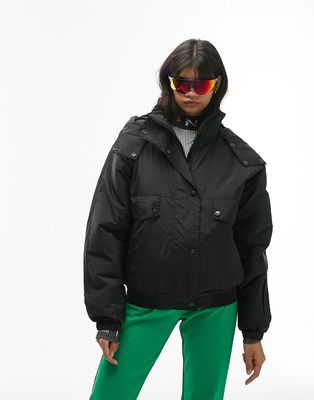 Topshop Sno hooded puffer ski jacket in black