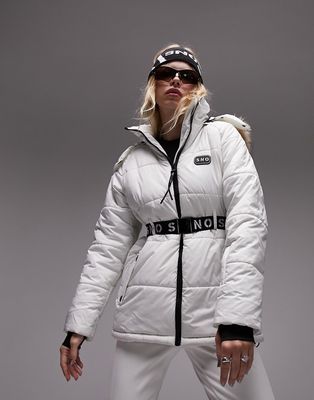 Topshop Sno ski coat with belt and faux fur trim hood in ecru-White