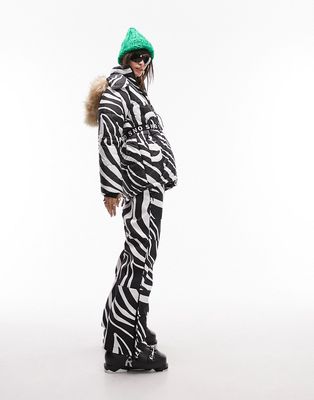 Topshop Sno ski coat with belt and fur trim hood in zebra print-Multi
