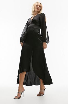 Topshop Split Long Sleeve Satin Maxi Dress in Black