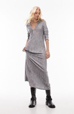 Topshop Split Neck Long Sleeve Midi Dress in Grey