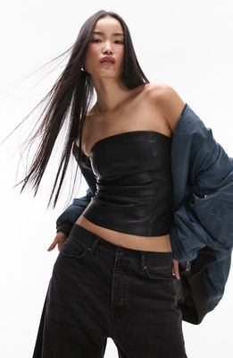 Topshop Strapless Faux Leather Top in Black