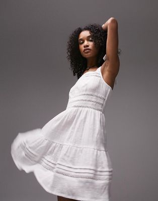 Topshop strappy tiered mini beach dress in white broderie