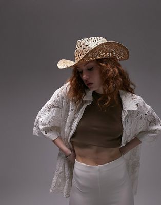 Topshop straw cowboy hat in natural-Neutral